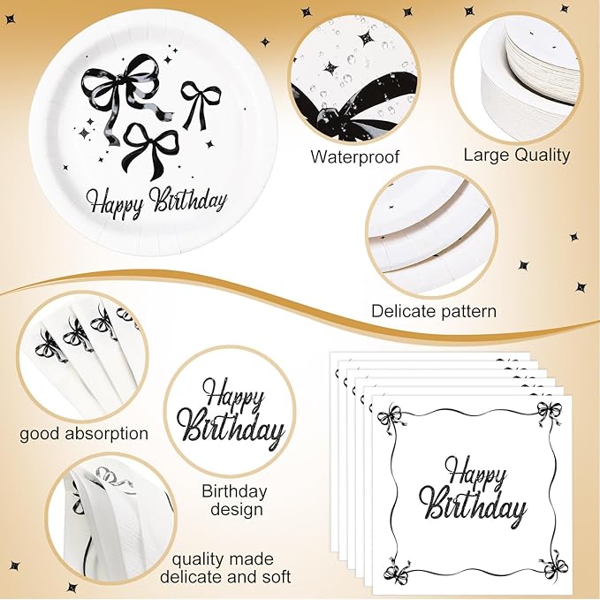 Pickmesh 194 Pcs Black Bow Birthday Decoration Coquette Birthday Tableware Set Includes Black Bow Paper Plates Napkins Cups Tablecloth Coquette Party Supplies for Baby Shower Bachelorette Party Decor