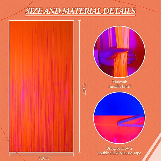 2 Pack Foil Fringe Backdrop - Fluorescent Orange Shiny Tinsel Curtains for Party Decoration/Photo Booth Props - 3.3x6.6 FT Metallic Foil Backdrop for Birthday, Wedding, Graduation, Christmas