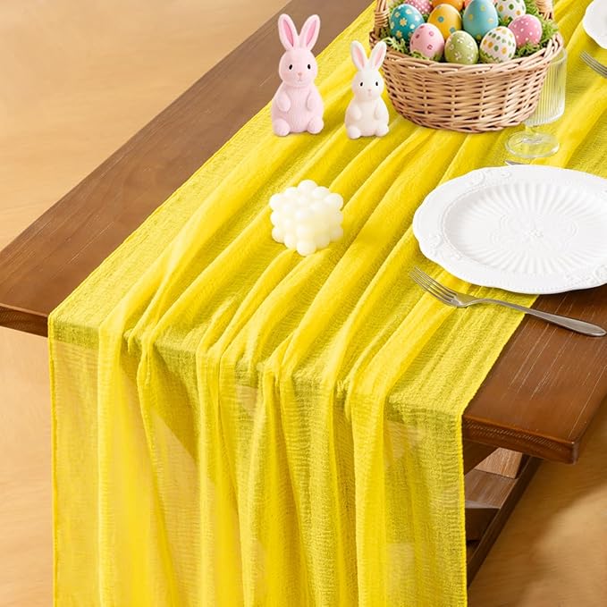 Socomi Yellow Cheesecloth Table Runner Easter Spring Gauze 120 Inch Rustic Boho Cheese Cloth Runner for Wedding Party Baby Bridal Shower Centerpiece Decoration Holiday Home Decorations
