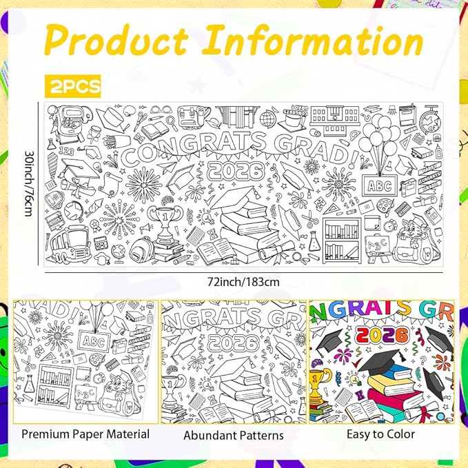 2 PCS Congrats Grad Coloring Tablecloth/Poster, Kindergarten Graduation Gifts, 72" X 30" Gaint Paper Coloring Tablecloth for Kids Crafts Activities, DIY Kindergarten Preschool Graduation Decorations