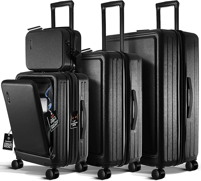 TRAVELARIM Hard Shell Luggage Sets with Spinner Wheels 4 Piece, Expandable Large Suitcases with TSA Lock, Travel Large Suitcase Set, Jet Black Luggage Set