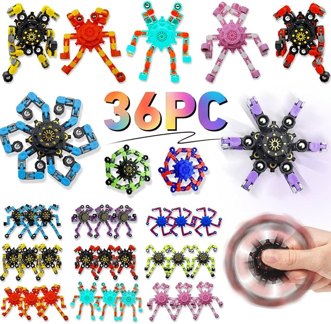 Transformable Fidget Spinners,Funny Stress Relief Sensory Fidget Toys,Deformable Chain DIY Robot Fingertip Gyros Toys Party Favors Easter Basket Stuffers for Kids and Adults (36PC)