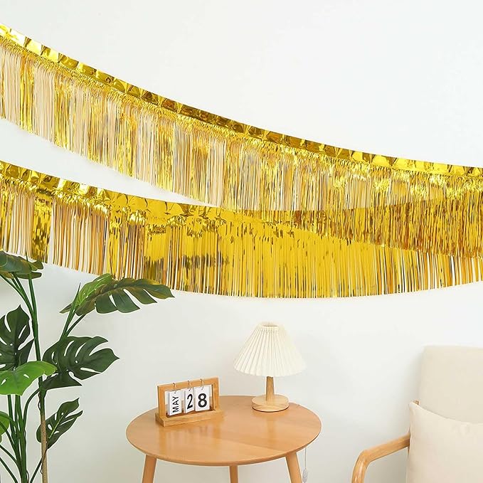 Gold Foil Fringe Garland 6Pcs 10 Feet Metallic Tinsel Hanging Curtain Glitter Backdrop Banner for Parade Floats Christmas Wedding Party Decorations