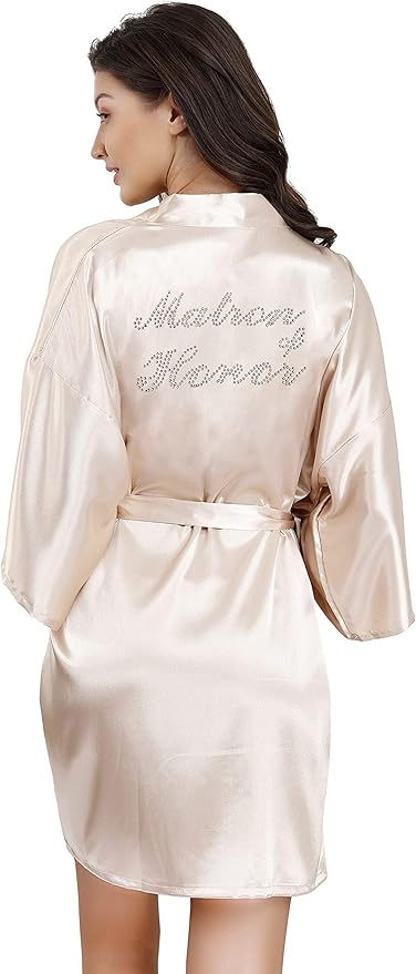 EPLAZA Women's One Size Silver Rhinestones Bride Bridesmaid Short Satin Robes for Wedding Party Getting Ready