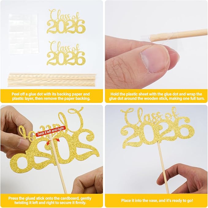 Graduation Decorations Class of 2026, 12 PCS Gold Double-Sided Graduation Centerpieces for Tables, Glitter Table Toppers, Grad Party Decorations