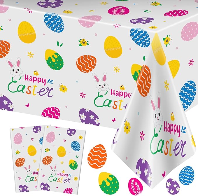 PADELO 2 Pieces Happy Easter Tablecloth, Rectangle Plastic Easter Bunny Eggs Table Cloth, Disposable Waterproof Easte Table Cover for Easte Day Tables Decorations and Party Supplies Decor, 54” x 108”