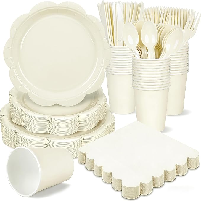 400 Pcs Ivory Paper Plates and Napkins Set Party Supplies, Tableware set for 50 Guest include Disposable Ivory Scalloped Plates Napkins Knives Forks Spoons Cups for Baby Shower Bridal Shower Wedding