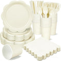 400 Pcs Ivory Paper Plates and Napkins Set Party Supplies, Tableware set for 50 Guest include Disposable Ivory Scalloped Plates Napkins Knives Forks Spoons Cups for Baby Shower Bridal Shower Wedding