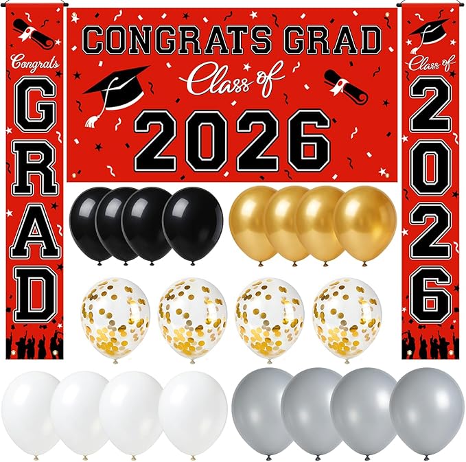 WOHOHOHO 23Pcs Graduation Decorations 2026 Set, Red Porch Door Sign GRAD Banner, Class of 2026 Backdrop, 5 Colors Large Balloons, Hanging Party Supplies for High School College Indoor Outdoor Decor