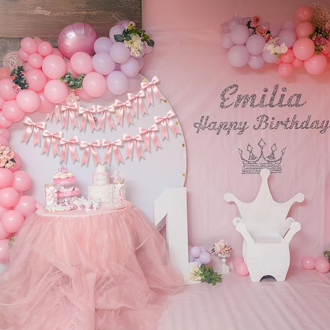 2 Strings of 16PCS Pink Bow Garlands Banner Decoration,Pre-Strung Satin Ribbon Ornaments for Birthday,Bachelorette Party,Bridal Shower, Wedding,Engagement,Baby Shower, Graduation Deco,Anniversary