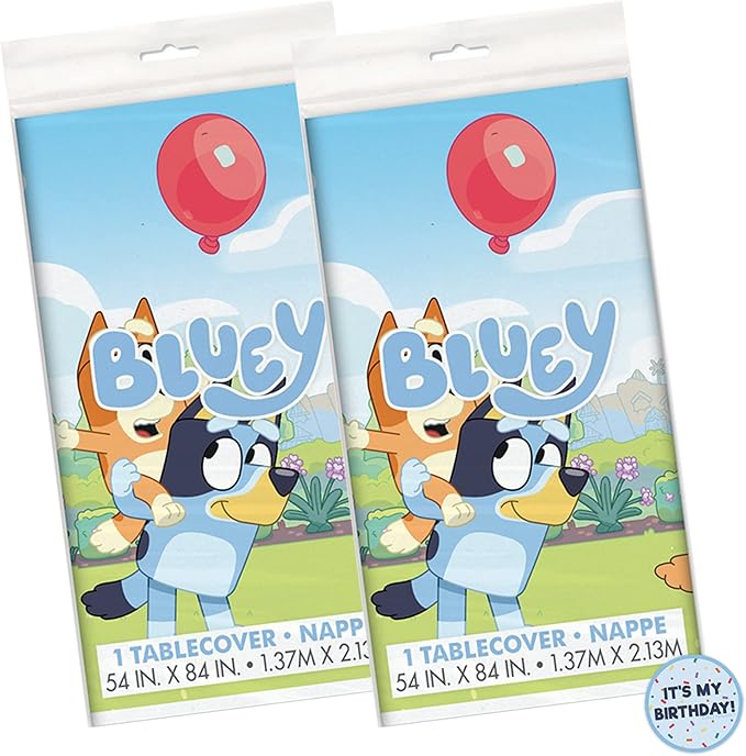 Unique Bluey Birthday Party Supplies - Rectangular Plastic Table Covers (Pack of 2) and Sticker