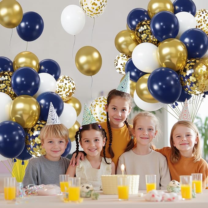 Navy Blue Gold Confetti Balloons Set,50pcs 12inch Royal Dark Blue Metallic Gold White Latex Balloons with Ribbon for Birthday Wedding Graduation Bridal Shower Party Decorations