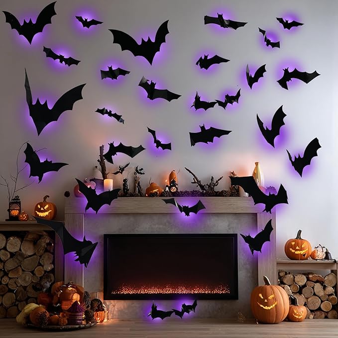 TW SHINE 36 Pcs Halloween Bats Wall Decor, Removable Lighted 3D Bats Wall Stickers Assorted Size, PVC Halloween Decorations for Indoor Outdoor Home Window Party Supplies