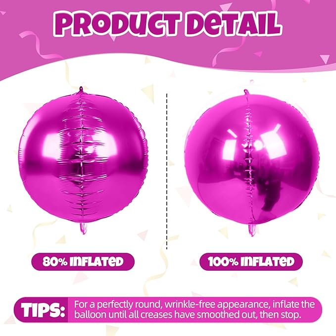 12Pcs Hot Pink Round Balloons Foil, 22" 18" 15" 10" 4D Round Ball Balloon, Large Hot Pink Metallic Balloons for Wedding Anniversary Birthday Party Baby Shower Princess Decorations Supplies