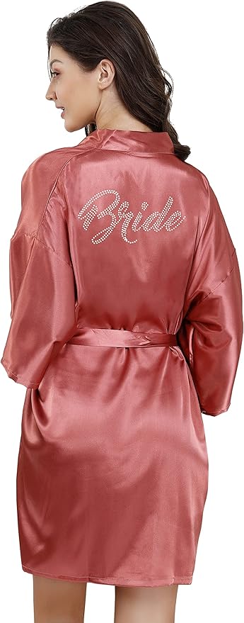 EPLAZA Women's One Size Silver Rhinestones Bride Bridesmaid Short Satin Robes for Wedding Party Getting Ready