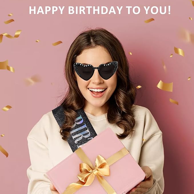 Birthday Girl Sash for Women & Birthday Glasses, Black Birthday Sash for Girls Happy Birthday Sash for Women Girls with Birth day Sunglasses for Woman and Girl
