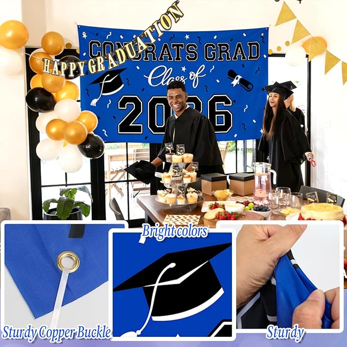 WOHOHOHO 23Pcs Graduation Decorations 2026 Set, Blue Porch Door Sign GRAD Banner, Class of 2026 Backdrop, 5 Colors Large Balloons, Hanging Party Supplies for High School College Indoor Outdoor Decor