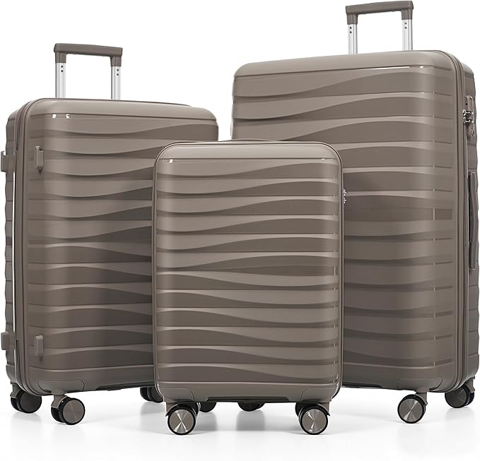 Hardside Luggage Sets, Lightweight Wave Suitcase with Spinner Wheels, PP Brown