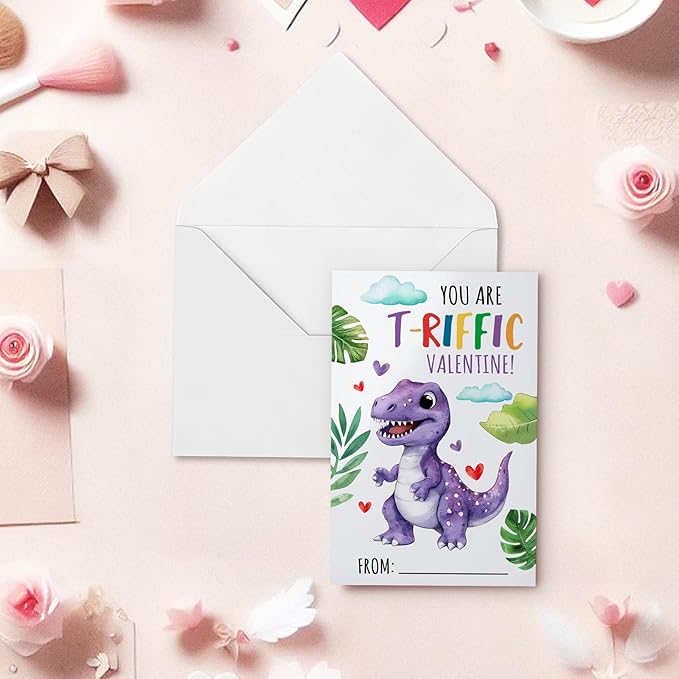 Pawzity 36 Packs Valentines Day Cards for Kids - Dinosaur Valentines Day Card for Kids Classroom School Party Favors, Boys, Girls, Toddlers - 3.2''x 4.7'' Dino Cards Exchange & Envelopes, Stickers