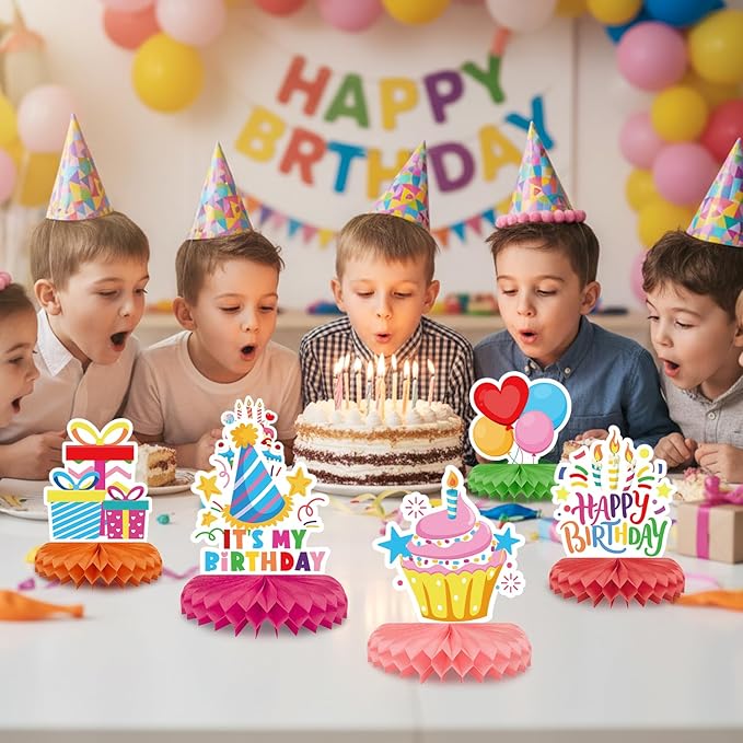 9 Pieces Birthday Table Decorations, Happy Birthday Decorations & Table Centerpieces for Kids Party Supplies, Colorful Honeycomb Table Toppers for Birthday Party