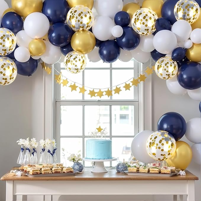 Navy Blue Gold Confetti Balloons Set,50pcs 12inch Royal Dark Blue Metallic Gold White Latex Balloons with Ribbon for Birthday Wedding Graduation Bridal Shower Party Decorations
