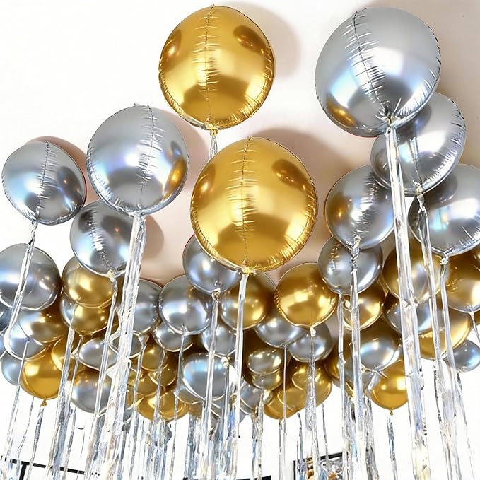 Gold and Silver Round Balloons Foil, 12 Pcs Round Shaped Balloon 4D Different Size 22" 18" 15" 10", Metallic Gold Silver Balloons for Prom Graduation Baby Shower Birthday New Years Party Decorations