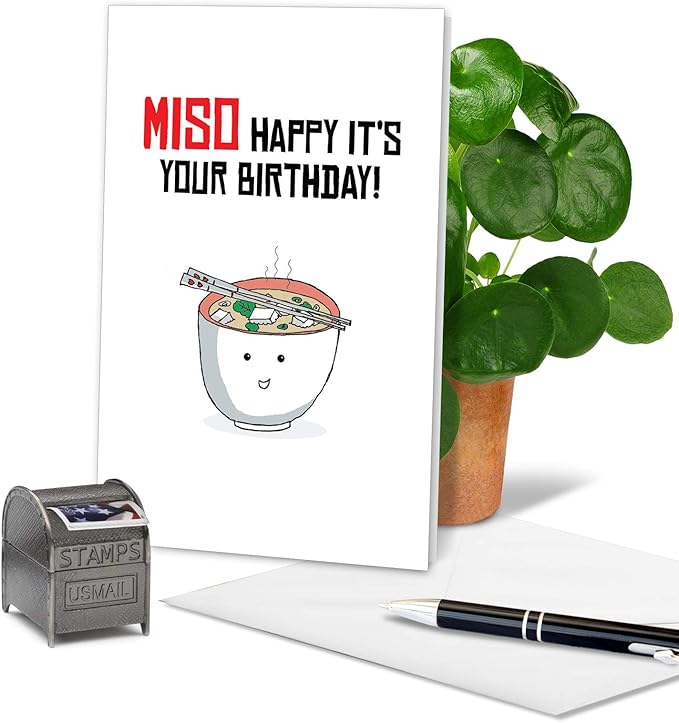 The Best Card Company - Birthday Puns Miso Soup Card, 5x7 Inch, Includes Envelope, Made from Recycled Content, No Batteries Required, Unisex-Adults