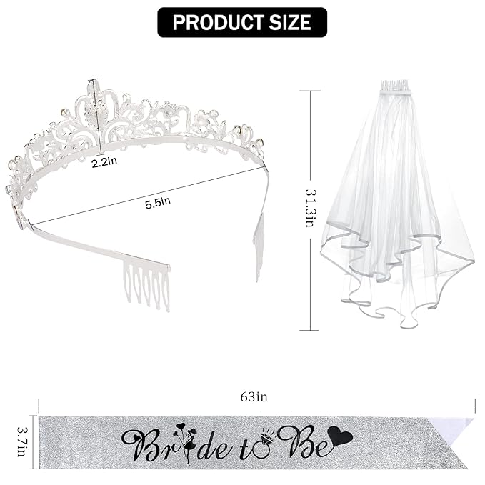 CIEHER Crystal Crown + Bride To Be Sash + Veil Set, Bachelorette Party Favors Bridal Shower Decorations