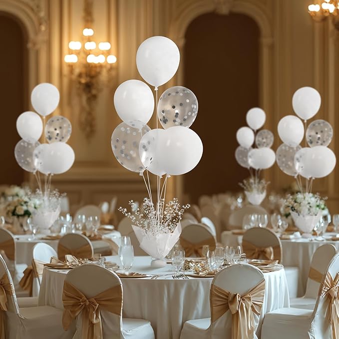 2 Set White Table Balloons Centerpiece with White and Confetti Balloons Stand Kit for Birthday Party Baby Shower Wedding Bridal Shower Prom Cake Table Decorations