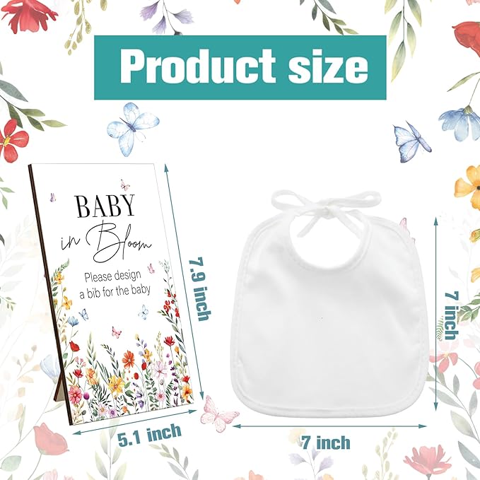 Panitay 43 Pcs Baby Shower Games White Bibs Design, Include Wooden Baby Shower Game Sign, 30 DIY Blank White Bibs, 12 Markers for Gender Reveal Party Decorating Supplies(Wildflower)