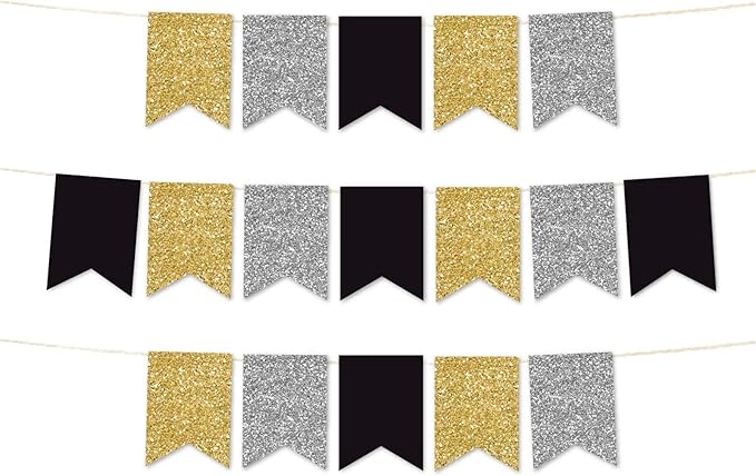 Andaz Press Hanging Pennant Banner with String, Faux Gold Glitter, Faux Silver Glitter, Black, 1-Set, 24 Pennants, Approx. 12-Feet Long, New Years Eve Theme Colored Supplies