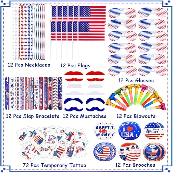 156 Pcs Patriotic Party Favors, 4th of July Accessories American Flags, Sunglasses, Necklaces, Slap Bracelets, Musical Blow Outs, Mustaches, Brooches, Stickers for Independence Day, Memorial Day