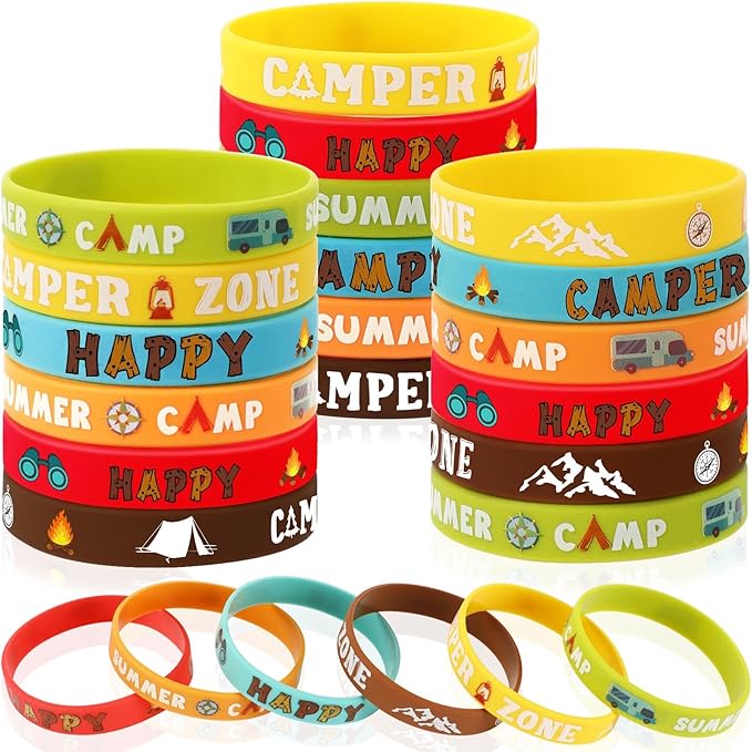 JUNEBRUSHS 42pcs Camping Party Favors Silicone Bracelets for Adults Camping Adventure Birthday Party Decorations Gift Supplies