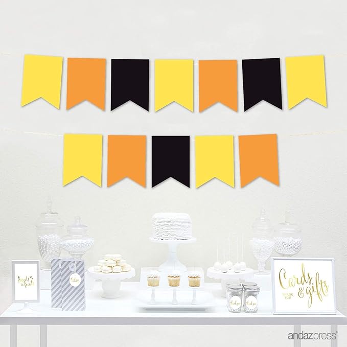 Andaz Press Hanging Pennant Banner with String, Orange, Yellow, Black, 1-Set, 24 Pennants, Approx. 12-Feet Long, Construction Digger Birthday Theme Colored Supplies