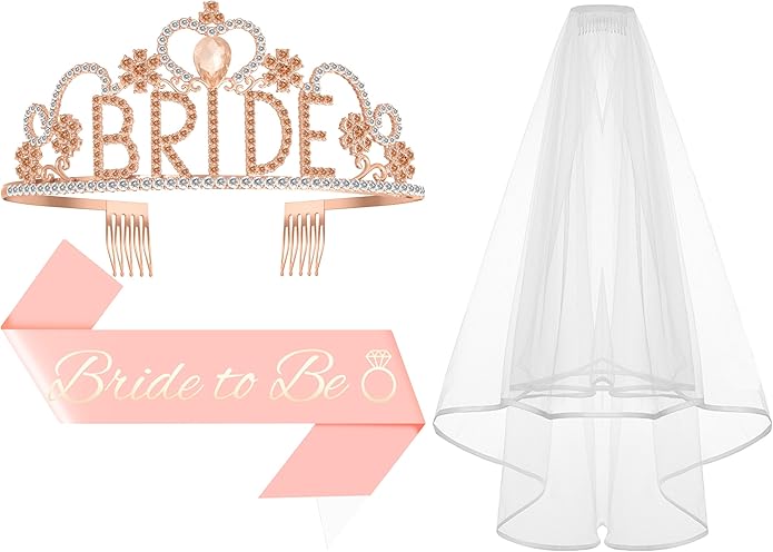 3Pcs Bride to Be Sash with Crown and Veil for Bachelorette Party Decorations，Bridal Shower Accessories for Gift, Favors