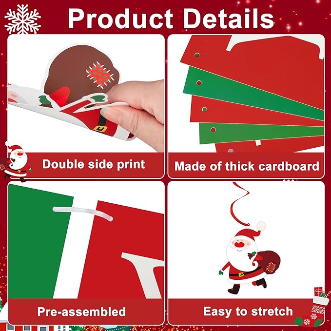 Merry Christmas Party Decorations Pre-strung Red Green Merry Christmas Banner with Honeycomb Balls Santa Claus Snowman Xmas Tree Hanging Swirls Colorful Circle Dots Garland for Holiday Party Decor