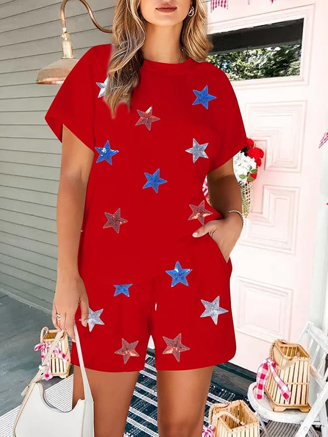 VILOVE 4th of July 2 Piece Sequin Outfits Women 250 Anniversary Usa Shirts and Short Sets Casual Patriotic Shirt Summer Set