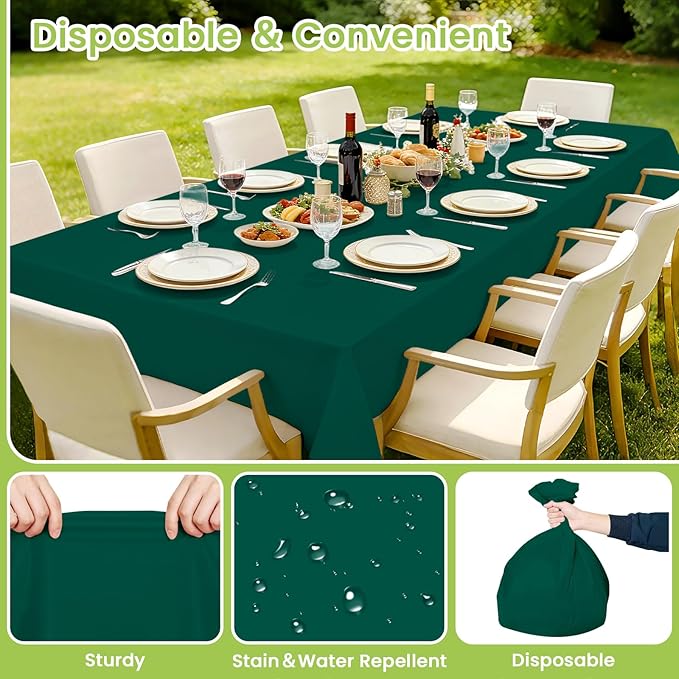 Mulbozy Dark Green Plastic Table Cloth Disposable 4 Pack, 54 × 108 Inch Tablecloths Rectangle, Green Plastic Table Cover for Party Decor