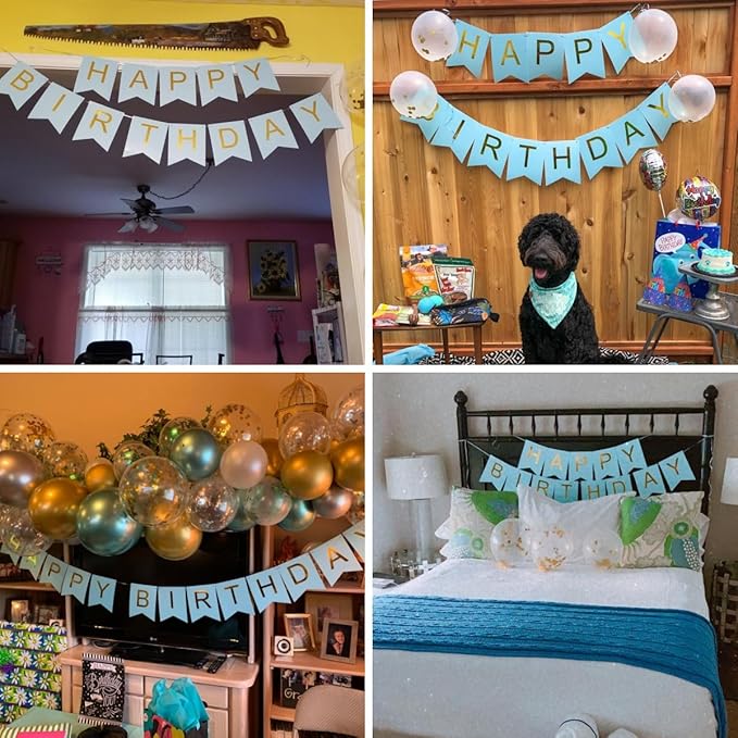 Teal Happy Birthday Banner With Shiny Gold Letters, Swallowtail Design Hanging Signs Party Decorations