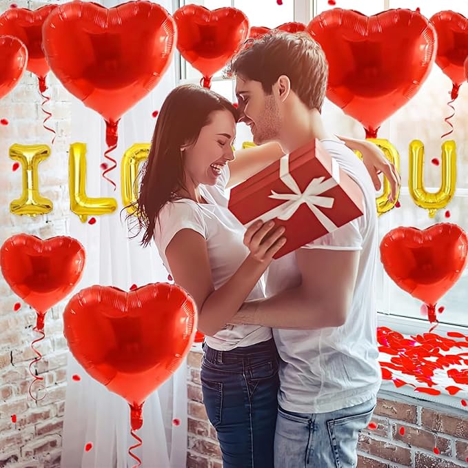 2 set 16 inch I Love You Balloons and Heart Balloon with 500 Pieces Rose Petals, Gold I Love You Letter Balloons for Him/Her Valentines Day Decorations Wedding Anniversary Engagement
