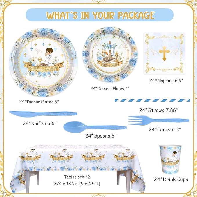 194 Pcs Mi Primera Comunion Baptism Party Decorations for Boy Blue First Holy Communion Party Supplies God Bless Disposable Tableware Set with Plates Napkins Cups Tablecloth Serves 24