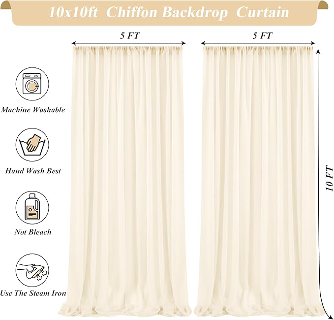 10x10ft Ivory Chiffon Backdrop Curtain with Lights String for Wedding Sheer Tulle Curtain Photo Backdrops Drapes for Baby Shower Birthday Party Home Ceremony Decorations