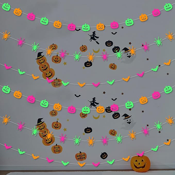 Halloween Party Decorations Neon Banner - 3pcs Glow in The Dark Paper Pumpkin Bats Spiders Hanging Swirls Streamers,Window Fireplace Room Ceiling Garland, Baby Shower Birthday Supplies Decor Panduola