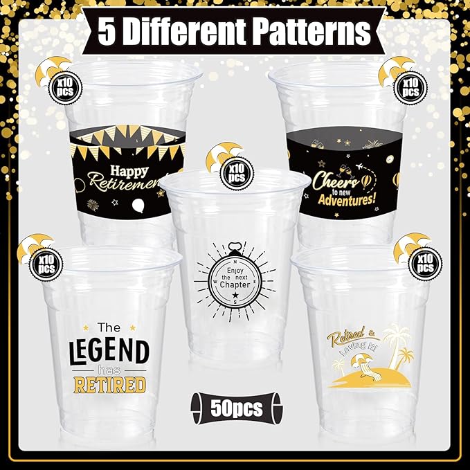 Retirement Party Decoration Cups, 50pcs 16 Oz Plastic Clear Drinking Cups for Retirement Party Supplies Favors Women Men Snack Cup Bulk