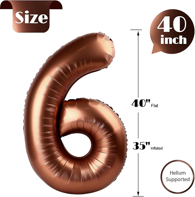 Coffee Brown Number 6 Balloon 40 Inch, 6 Balloon Number, 6th Birthday Decorations, Coffee Brown Party Supplies for Boys Girls