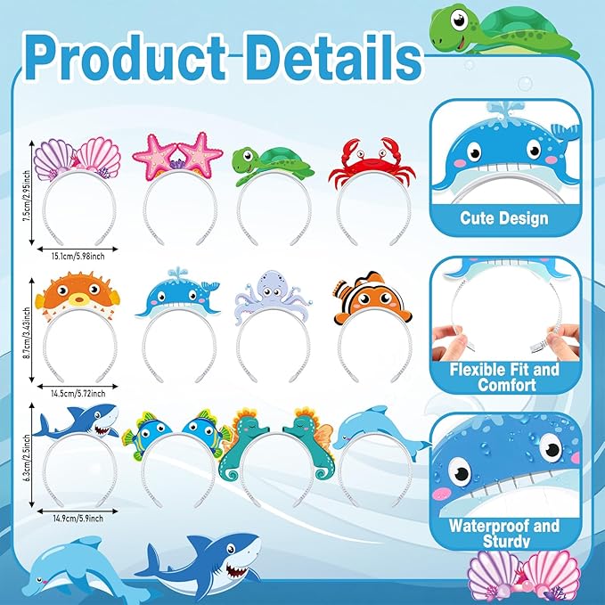 Blosssound 12 Pcs Sea Animal Headbands Fall Party Favor Gift Under the Sea Paper Head Bopper Ocean Animals Headwear Beach Summer Costume Accessories Photo Prop Decoration Supplies