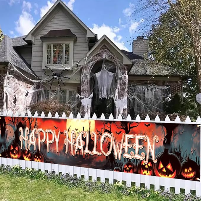 Happy Halloween Banner Large 120 x20 Inch Yard Sign Banner Flag Scary Halloween Party Hanging Decorations for Outdoor Fence Garage Garden Porch Holiday Backdrop Decor
