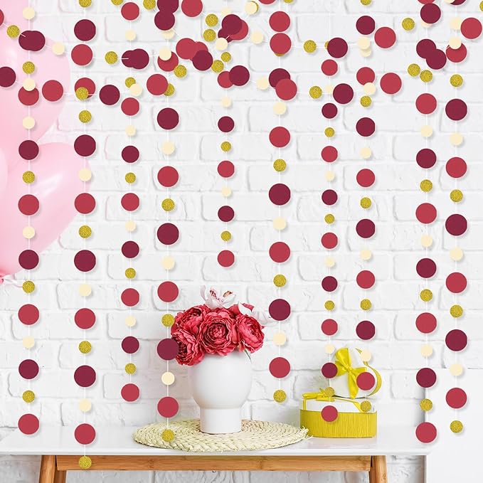 Outus 10 Pieces Maroon,Gold Round Dots Garland Easter Graduation Party Hanging Decor Each Length 13.1ft Glitter Paper Dot Streamers for Birthday Wedding Classroom