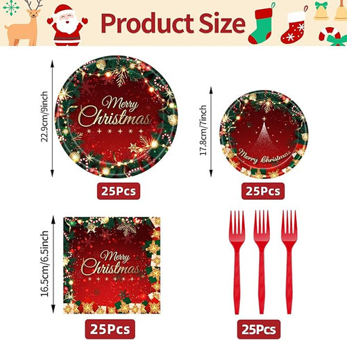 100 Pcs Merry Christmas Party Supplies - Serves 25, Red Green Holiday Disposable Tableware, Includes Paper Plates, Napkins, and Plastic Forks for Xmas Dinner, Winter Celebrations, Seasonal Decorations