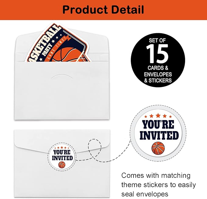 REWIDPARTY Basketball Party Invitations with Envelopes & Stickers（Set of 15） Basketball Birthday Party Shaped Fill-in Invitations Basketball Game Invite Card Basketball Party Supplies for Kids Adults